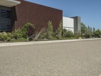 a city street with a building in the background with trees lining it and a few bushes along the side of the road