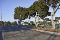 a street corner with several trees and a red fire hydrant in front of it