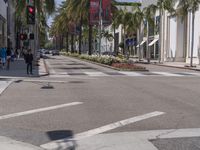 a couple of people are walking down a street near palm trees and people walking across the road