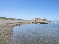 a water hole in the middle of a sandy beach with a rock and some birds on it