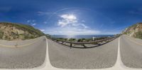 three sides by side images of road with ocean in background and sun in sky overhead