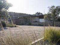 a house surrounded by lots of trees and a dirt road with rocks and grass surrounding it