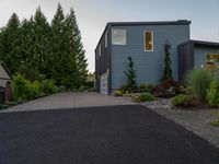 driveway leading to a grey house with blue siding, and trees in the background,