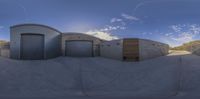 fisheye lens view of two different types of garages and the same one with no door