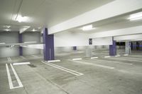 a parking garage with multiple floor and white walls and ceilings and purple beams and a painted ceiling