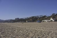 a group of people on a beach next to the ocean and a resort on the horizon