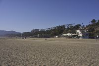 a group of people on a beach next to the ocean and a resort on the horizon