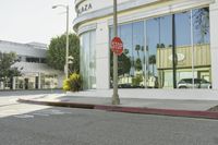 an empty street is shown with signs painted on the pavement along it with trees and buildings in the background