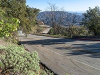 the empty road has a steep section with trees on one side and mountains in the other