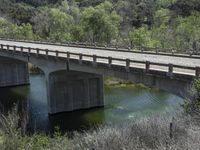 a view from a bridge overlooking trees and a mountain range of hills behind a bridge