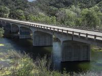 a view from a bridge overlooking trees and a mountain range of hills behind a bridge