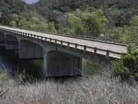 a view from a bridge overlooking trees and a mountain range of hills behind a bridge