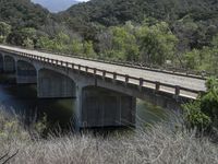 a view from a bridge overlooking trees and a mountain range of hills behind a bridge