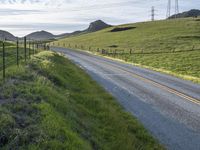 the road is paved by an electrical fence and has several cows grazing on the grass