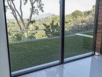 an open sliding glass door with green grass outside the house at dusk, with the valley and trees visible beyond