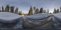 the image is taken with two different fisheyes on the snow covered roadways