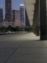 the walkway at the park leads to a lake and buildings in the background as evening falls