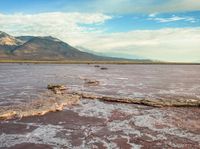 a large area of pink water with mountains in the background in the foreground and a log sticking out from the water
