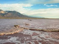 a large area of pink water with mountains in the background in the foreground and a log sticking out from the water