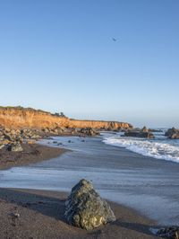 a grassy field by the shore and a cliff with rocks in the ocean in the background