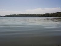 the small boat is on the calm water near the land in a lake with trees