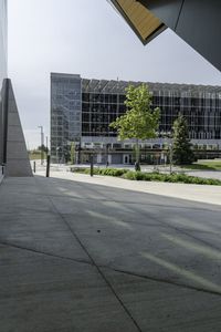 a man on his skateboard next to an airport terminal building with some trees and bushes