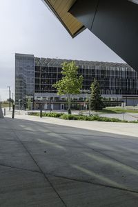 a man on his skateboard next to an airport terminal building with some trees and bushes