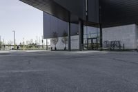 a black building with concrete pillars on both sides and green lawn in front of the entrance