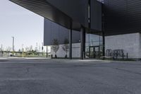 a black building with concrete pillars on both sides and green lawn in front of the entrance