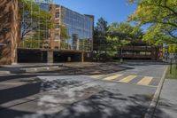 an empty intersection with a large building in the background with reflection of a leafy tree