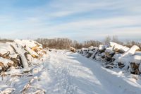 a view of snow covered ground, and piles of wood on the other side of a road