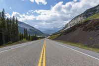 two yellow lines run on the empty highway through the mountains with pine trees on either side