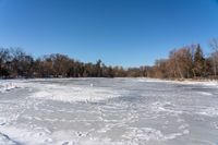 an open frozen pond surrounded by trees on the shore line in winter snow - covered field