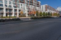 an empty street is lined with residential buildings, trees and shrubs in the middle of the photo