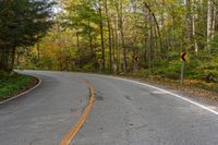 an empty road winding through woods in the fall leaves are changing colors while traffic signs line it