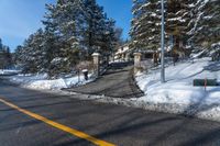 the road is covered with snow next to some trees and bushes for a driveway entrance