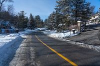 the road is covered with snow next to some trees and bushes for a driveway entrance