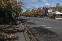 a street with an intersection marked out for pedestrians and some leaves are strewn on the ground