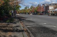 a street with an intersection marked out for pedestrians and some leaves are strewn on the ground