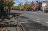 a street with an intersection marked out for pedestrians and some leaves are strewn on the ground