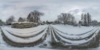 a snow covered street with lots of cars in front of trees and snowbanks