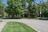 a small car drives down a deserted street in the park at daytime in this urban area