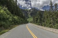 a mountain road is shown with trees in the background with mountains in the distance below