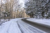 a curved road is bordered by trees on a snow covered mountain side and the road is very icy and snowy