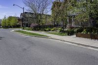 empty street lined with residential buildings and bushes in the sidewalk next to curb with trees, lawn and lawn