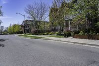 empty street lined with residential buildings and bushes in the sidewalk next to curb with trees, lawn and lawn