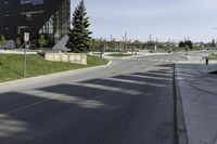 view down a wide empty road in an urban area with tall buildings and trees along both sides