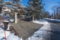 a driveway made out of cobbles with a parking meter on the side and a gate to the street that is filled with snow