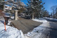 a driveway made out of cobbles with a parking meter on the side and a gate to the street that is filled with snow