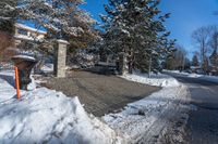 a driveway made out of cobbles with a parking meter on the side and a gate to the street that is filled with snow